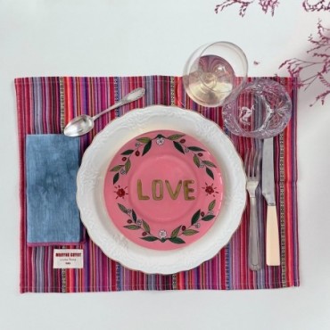 Set de table rose et rayures colorées en poly coton Rosado